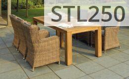 A serene outdoor patio set up with rattan chairs and a wooden table, perfect for relaxation.