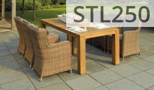 A serene outdoor patio set up with rattan chairs and a wooden table, perfect for relaxation.