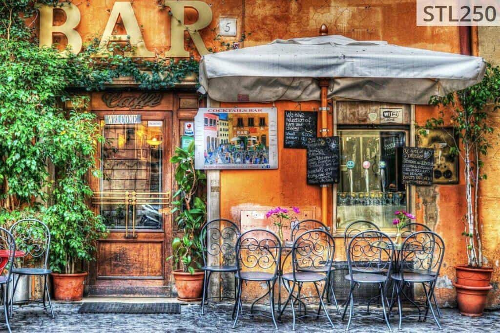 Vibrant outdoor café scene with colorful flowers and artistic details, perfect for urban exploration.
