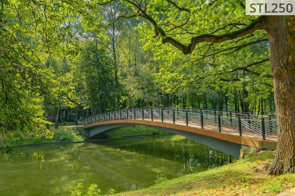 Peaceful park scene featuring a curved bridge over a tranquil river, surrounded by lush greenery.