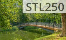 Peaceful park scene featuring a curved bridge over a tranquil river, surrounded by lush greenery.