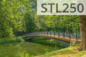 Peaceful park scene featuring a curved bridge over a tranquil river, surrounded by lush greenery.