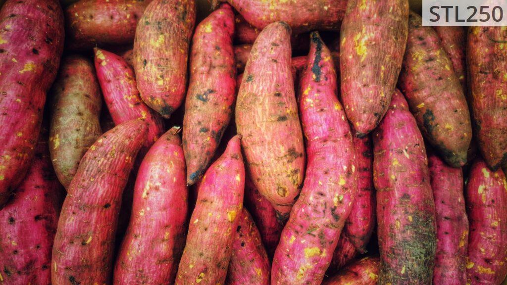 A pile of pink and yellow sweet potatoes
