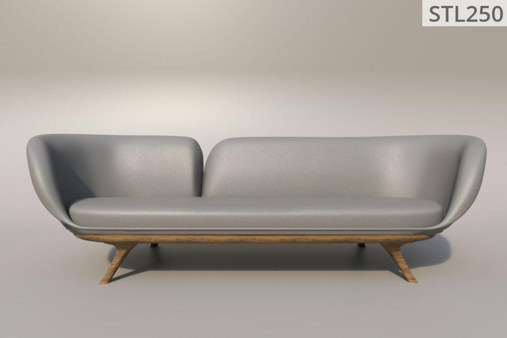 a gray couch with a wooden base on a gray background