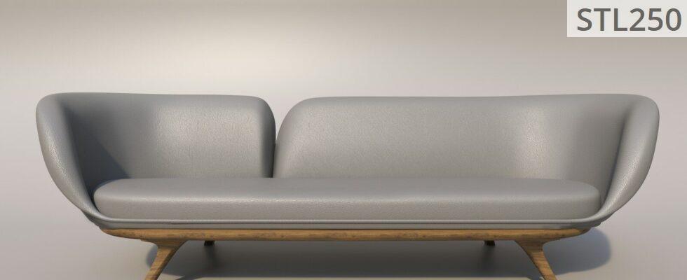 a gray couch with a wooden base on a gray background
